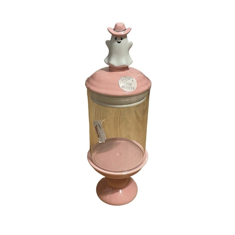 Pink Halloween Ghost Cowgirl Ceramic Glass Candy Jar Treat Pedestal NWT Viral